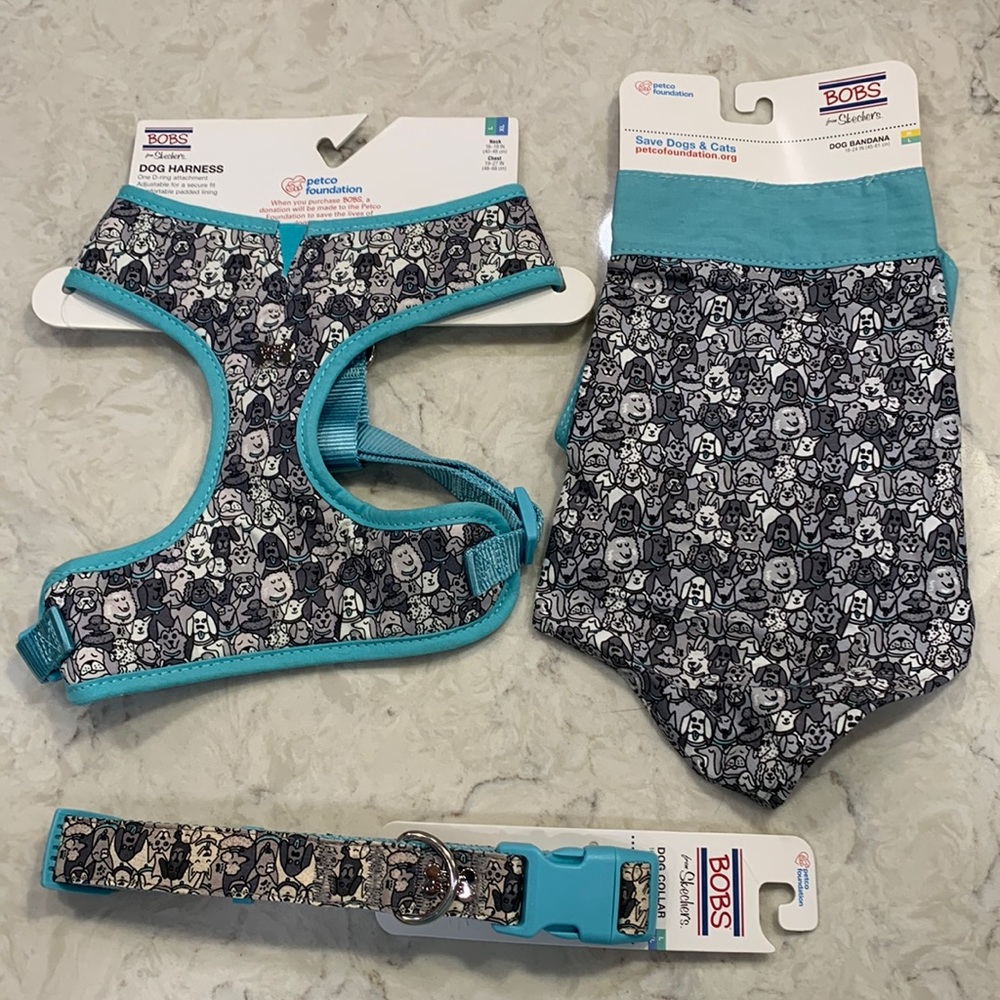 NWT Set Bobs Skechers Woof Party Harness Bandana Collar *BENEFITS ANIMALS*